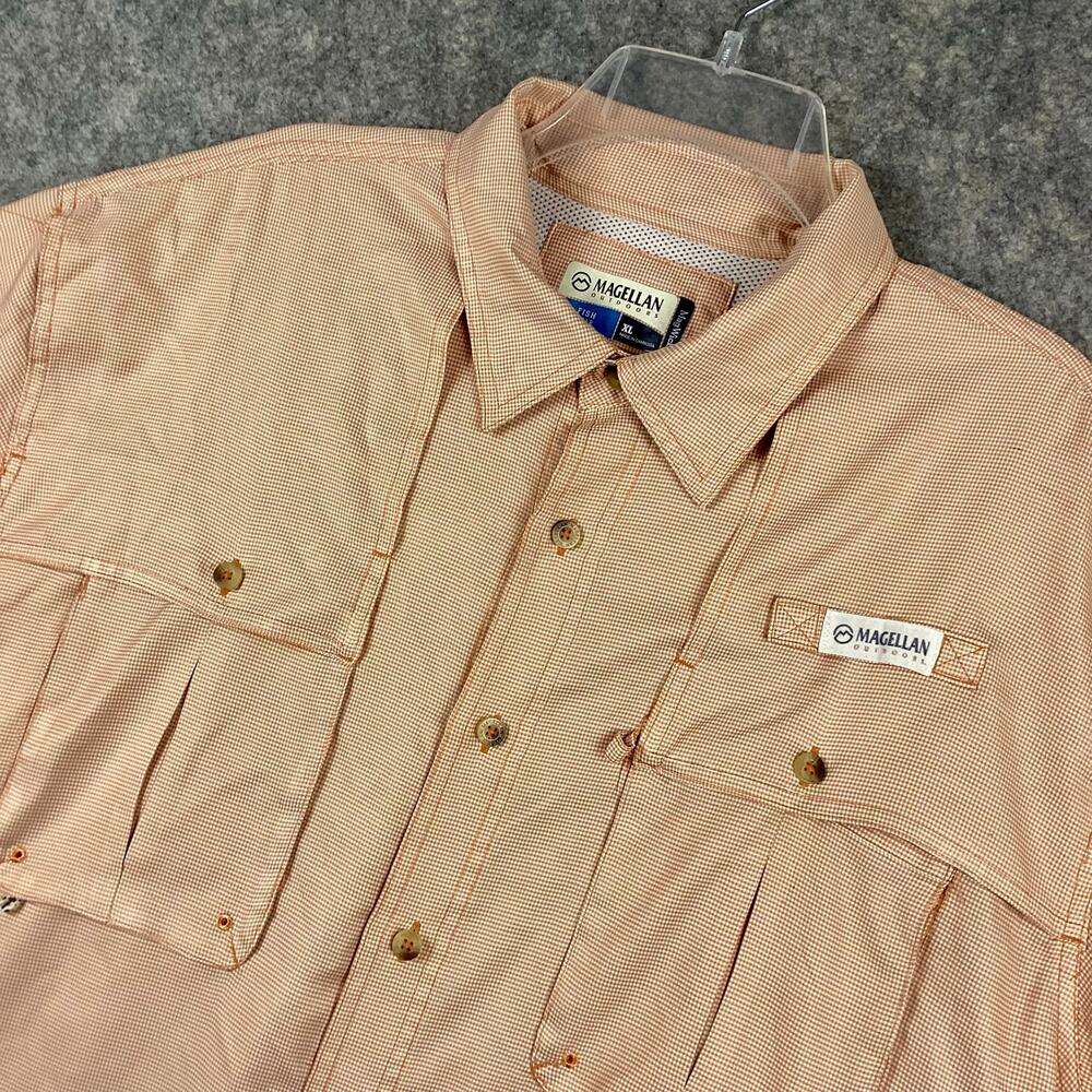 Magellan Men’s Fish Gear Mag Wick SS Button Front Shirt Orange White Check XL